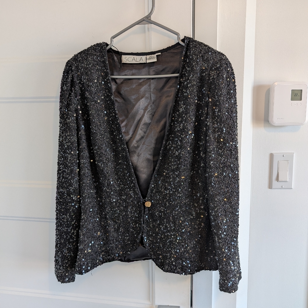 Scala/Vintage Black Silk Blazer with  Bead And Sequin Details Sz M